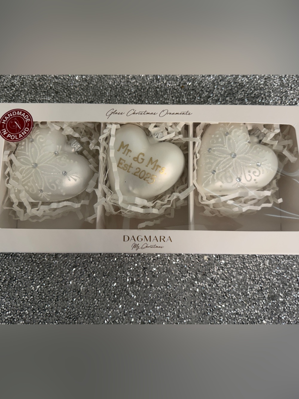 NIB Dagmara Poland White Heart Glass Ornaments Mr and Mrs 2025